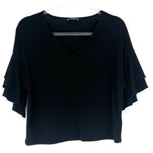 Express Short Sleeve Blouse with Ruffle Sleeve Black XS